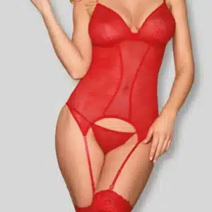 Guêpière Confidentielle rouge en dentelle et voile, portée par un mannequin